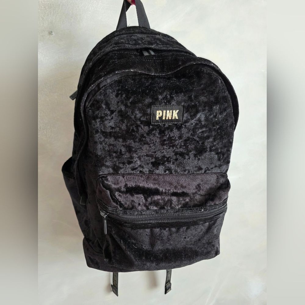 Victorias Secret Pink Logo Velvet Large Campus Backpack Bookbag Black Full Size